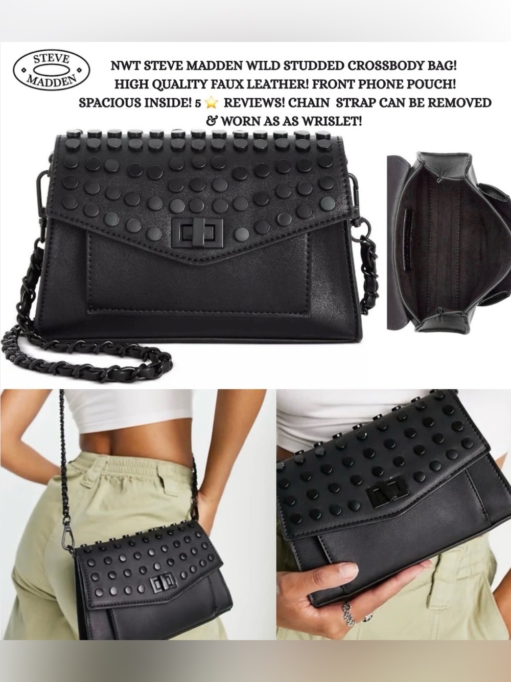 NWT STEVE MADDEN WILD STUDDED CROSSBODY BAG! PHONE COMPARTMENT! TWIST LOCK, 5 ⭐️